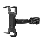 The Slim-Grip® Tablet Clamp Mount with 3.75” Arm is a heavy-duty black tablet holder featuring an adjustable clamp mount and extendable arm, designed for securely attaching to surfaces such as desks or poles.