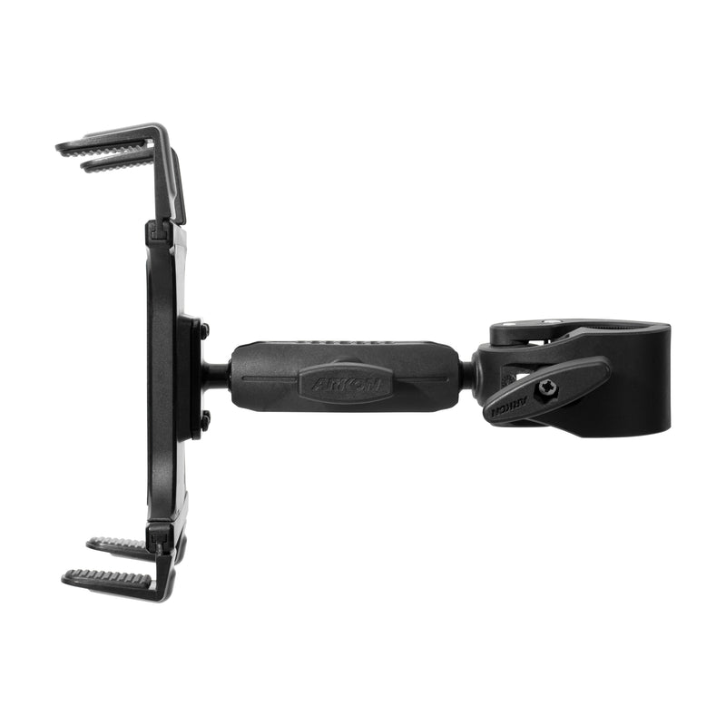 Side view of the Slim-Grip® Tablet Clamp Mount with 3.75” Arm in black, featuring ridged grips, a central pivot arm, and a clamp mount, photographed on a white background.