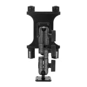The Slim-Grip® Tablet Drill-Base Mount with Ratcheting Swivel Arm is a black adjustable mounting bracket with multiple tightening knobs and a rectangular base plate, designed for versatile tablet mounting. It features universal tablet compatibility and a ratcheting swivel arm to securely hold devices or equipment.