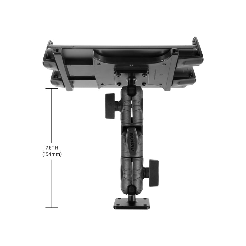 The Slim-Grip® Tablet Drill-Base Mount with Ratcheting Swivel Arm is a black adjustable tablet stand featuring two tightening knobs and a rectangular drill base, designed for universal tablet compatibility. The front-facing view displays its height of 7.6 inches (194mm), as labeled on the left side.