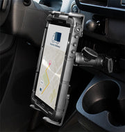 Inside the car, a tablet is secured in a Slim-Grip® Tablet Holder with Double Socket Swivel Arm and Drill-Base Mount, displaying a courier delivery map featuring the marked route and destination.