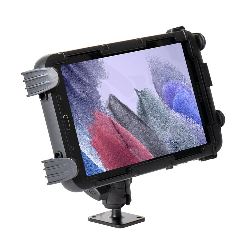 The Slim-Grip® Tablet Holder with Double Socket Swivel Arm and Drill-Base Mount features a rugged black design and securely displays a tablet showing an abstract, colorful screen in shades of purple, red, gray, and blue.
