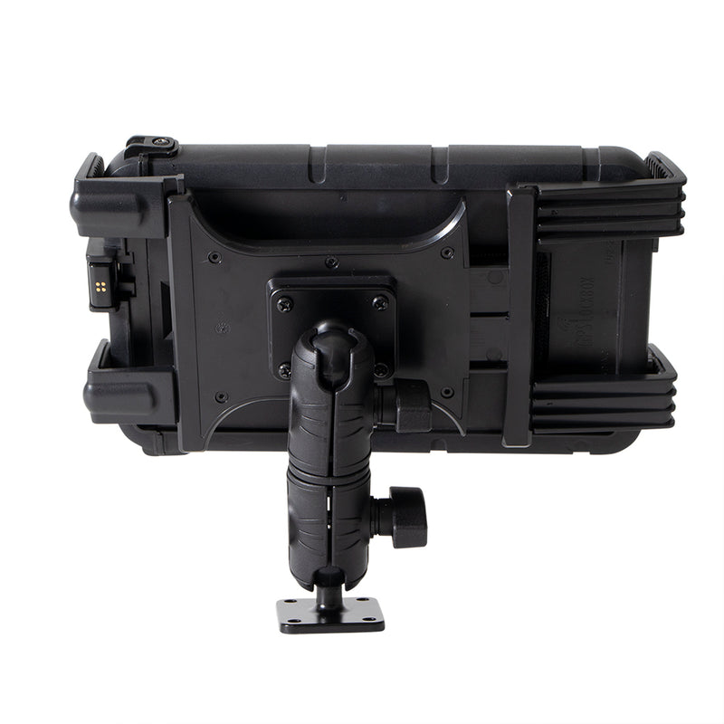 A Slim-Grip® Tablet Holder with a Double Socket Swivel Arm and Drill-Base Mount is shown from the rear; this rugged black mount secures your tablet or device firmly in place.