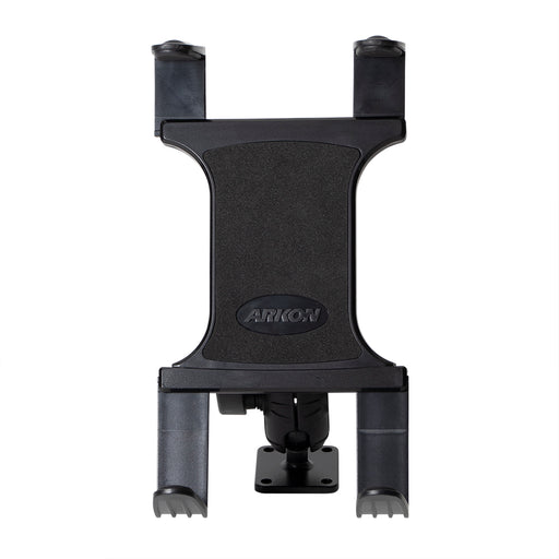 The Slim-Grip® Tablet Holder with Double Socket Swivel Arm and Drill-Base Mount is pictured upright against a plain white background. Finished in black, it features adjustable arms to securely hold devices and includes a double socket swivel arm for versatile positioning.
