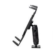 A side view displays the Slim-Grip® Tablet Holder with Double Socket Swivel Arm and Drill-Base Mount in black, featuring textured grips on the top and bottom arms for secure device holding. The double socket swivel arm provides flexible angle adjustments.