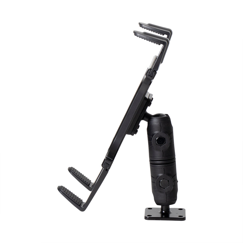 A side view displays the Slim-Grip® Tablet Holder with Double Socket Swivel Arm and Drill-Base Mount in black, featuring textured grips on the top and bottom arms for secure device holding. The double socket swivel arm provides flexible angle adjustments.
