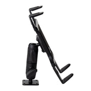 Here is the rewritten sentence using the provided product data: Side view of the Slim-Grip® Tablet Holder with Double Socket Swivel Arm and Drill-Base Mount in black, featuring an adjustable rugged grip handle and mounting base, designed to securely hold a device at an upright angle.