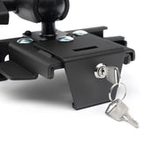 Close-up of the LockVise™ Metal Locking Tablet Mount with Drill Base Mount and 5″ Metal Shaft, featuring a black metal bracket with a key lock mechanism. Two silver keys are inserted in the lock, and three silver screws are visible on the rugged aluminum tablet holder.