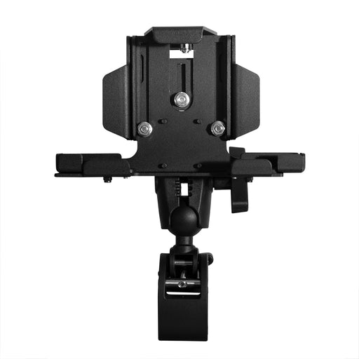 The RoadVise® Clamp Mount with LockVise™ Metal Locking Tablet Holder securely holds tablets or devices with its adjustable clamp and ball joint, shown against a white background.