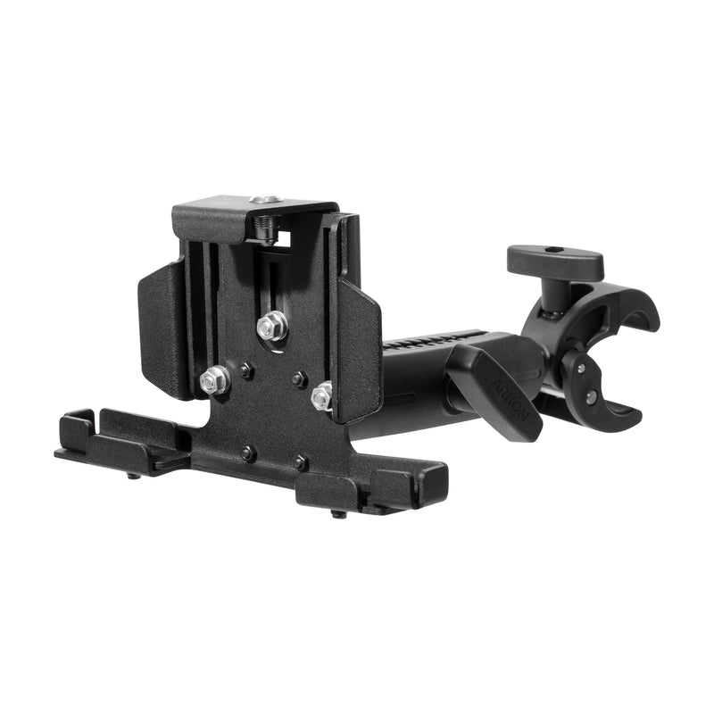 The LockVise™ Metal Locking Tablet Holder with Clamp Mount features a black adjustable bracket and heavy-duty clamp, shown with screws for secure device mounting—ideal for tablets or phones against a white background.