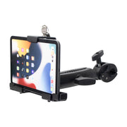 The LockVise™ Metal Locking Tablet Holder with Clamp Mount secures a tablet horizontally in a black, heavy-duty clamp that attaches to desks or poles, featuring a top-lock for enhanced security.