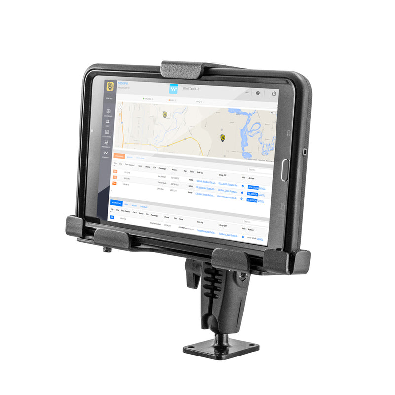 A tablet mounted in a LockVise™ Metal Locking Tablet Mount with Drill Base Mount displays a map and data interface screen. The black adjustable aluminum holder is securely attached to its base for stable positioning.