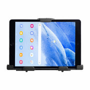 The LockVise™ Metal XL Locking Tablet Holder with a black adjustable stand securely holds a tablet upright, displaying apps and a weather widget against a white background.