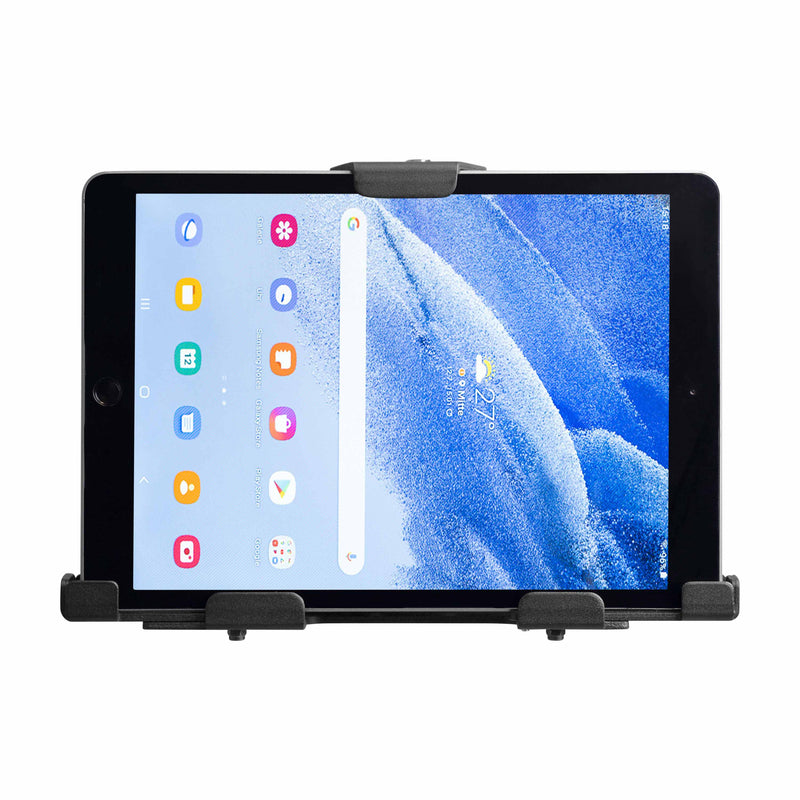 The LockVise™ Metal XL Locking Tablet Holder with a black adjustable stand securely holds a tablet upright, displaying apps and a weather widget against a white background.