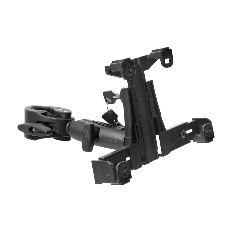 LockVise™ Locking Tablet Clamp Mount with 3.75” Arm, featuring an adjustable black clamp and heavy-duty construction for secure attachment to desks or poles, displayed against a white background.
