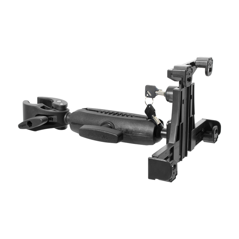 Certainly! Here’s a rewritten sentence incorporating the product data: The LockVise™ Locking Tablet Clamp Mount with 38mm ball compatibility is a black adjustable mount featuring a locking mechanism with keys for tablet security, extendable arms and clamp for fitting various device sizes, and secure attachment to surfaces or vehicle interiors.