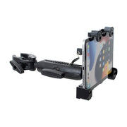 A LockVise™ Locking Tablet Clamp Mount with 38mm Ball Compatibility, shown from the side, secures a tablet in a black adjustable holder. The device’s home screen is visible, and the locking mechanism provides added security while allowing versatile attachment to a desk or other surface.