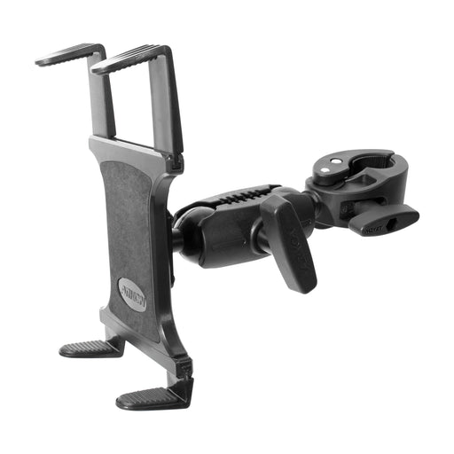 The RoadVise Clamp Mount with Slim-Grip® Tablet Holder and Shaft Arm Extension is a black adjustable mount with a swivel joint, ideal for attaching tablets to desks or handlebars.