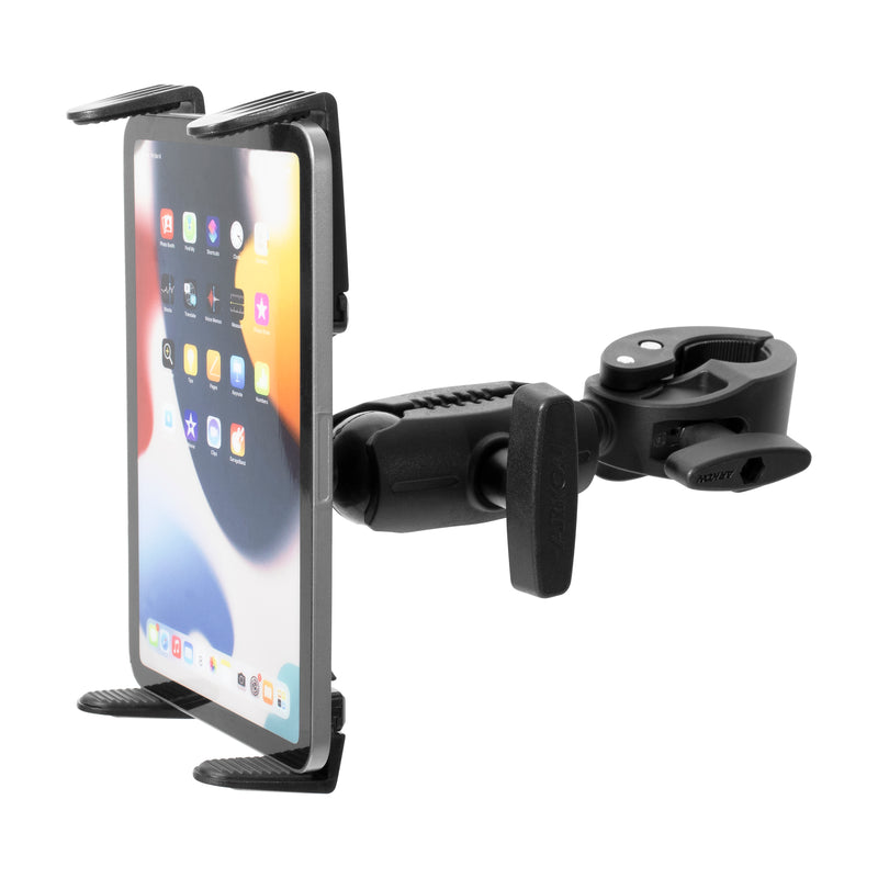 A tablet is secured in the RoadVise Clamp Mount with Slim-Grip® Tablet Holder and Shaft Arm Extension, a black adjustable mount ideal for desks or poles. The tablet’s screen displays app icons.