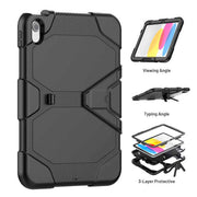 Introducing the Drill-Down Tablet Mount with LockVise™ Locking Holder & Rugged Case for iPad (11th Gen): a tough, black case featuring grooves and an integrated kickstand. Side graphics demonstrate the iPad in viewing and typing positions, as well as an exploded view revealing its robust three-layer protection—making it ideal for anyone needing a secure, heavy-duty tablet holder that stands up to everyday use.