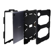 Four pieces of the Arkon Mounts Rugged Protective Case for Samsung Galaxy Tab A9 are shown separated to display the protective layers beside a Samsung tablet with the logo visible on the back. This heavy-duty case is specifically designed to keep your device safe from drops and bumps.