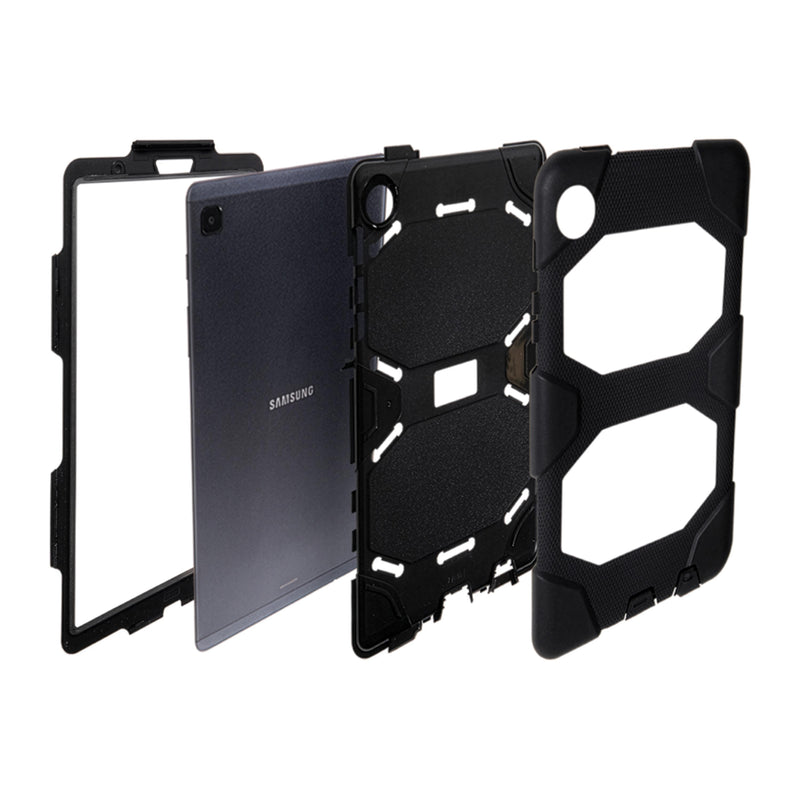 Four pieces of the Arkon Mounts Rugged Protective Case for Samsung Galaxy Tab A9 are shown separated to display the protective layers beside a Samsung tablet with the logo visible on the back. This heavy-duty case is specifically designed to keep your device safe from drops and bumps.