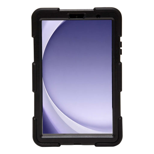 The Arkon Mounts Rugged Protective Case for Samsung Galaxy Tab A9, shown in black and featuring a purple and white abstract background on the tablet’s screen, provides heavy-duty protection ideal for everyday use.