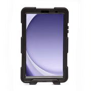 An Arkon Mounts Rugged Protective Case for Samsung Galaxy Tab A9 is shown from the front, featuring a thick black design. The device stands upright against a white backdrop, with its screen displaying a purple gradient background, highlighting its heavy-duty protection.