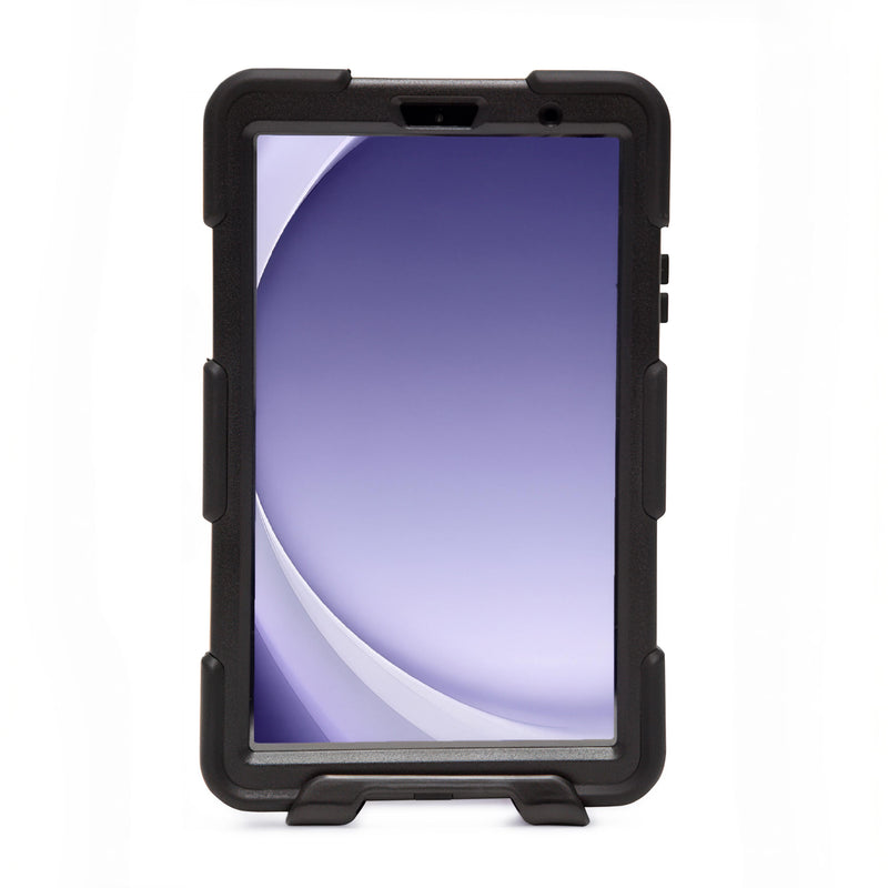 An Arkon Mounts Rugged Protective Case for Samsung Galaxy Tab A9 is shown from the front, featuring a thick black design. The device stands upright against a white backdrop, with its screen displaying a purple gradient background, highlighting its heavy-duty protection.