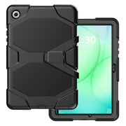 An Arkon Mounts Rugged Protective Tablet Case for Samsung Tab A11+ is featured, displayed from both the front and back to showcase its sturdy, durable design. Ideal as a shockproof cover for the Samsung Tab A11+, this case ensures reliable protection. The tablet screen shows a green background with the time set to 4:30 and the date, Tuesday, August 30.