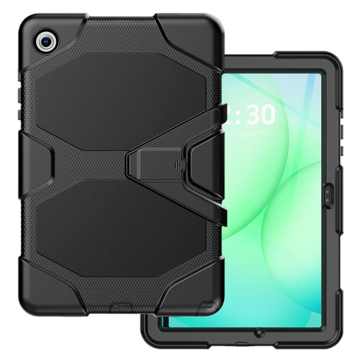 An Arkon Mounts Rugged Protective Tablet Case for Samsung Tab A11+ is featured, displayed from both the front and back to showcase its sturdy, durable design. Ideal as a shockproof cover for the Samsung Tab A11+, this case ensures reliable protection. The tablet screen shows a green background with the time set to 4:30 and the date, Tuesday, August 30.