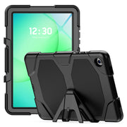 An Arkon Mounts Rugged Protective Tablet Case for Samsung Tab A11+ in black is displayed on a tablet with a green screen showing the time 12:30. This shockproof case features reinforced corners, a textured back for enhanced grip, and an integrated kickstand for convenient viewing.