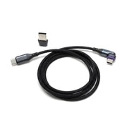 The Arkon Mounts 240W Magnetic USB-C Charging Cable, featuring braided construction and angled connectors, is displayed coiled in a circle with a compact A-to-C USB adapter positioned above it on a white background.