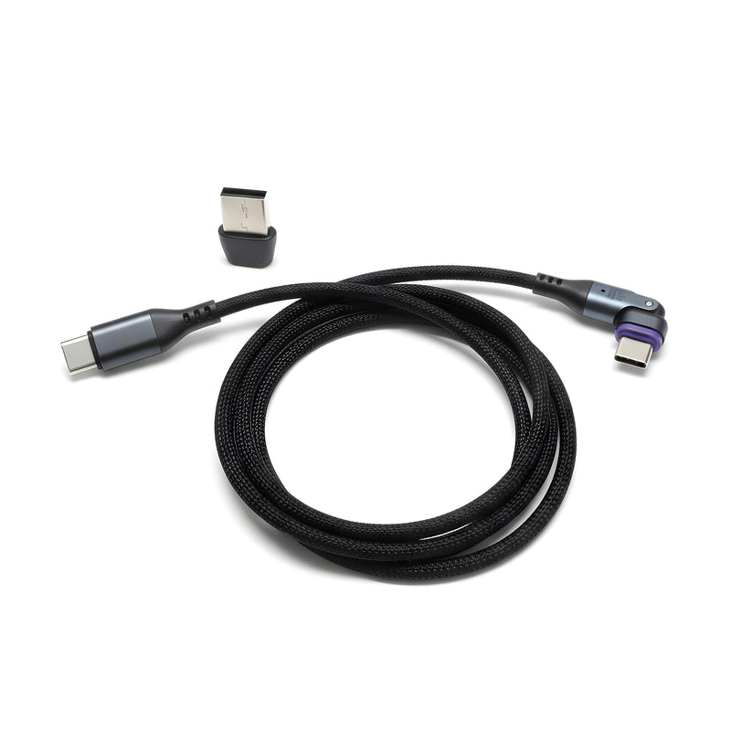The Arkon Mounts 240W Magnetic USB-C Charging Cable, featuring braided construction and angled connectors, is displayed coiled in a circle with a compact A-to-C USB adapter positioned above it on a white background.
