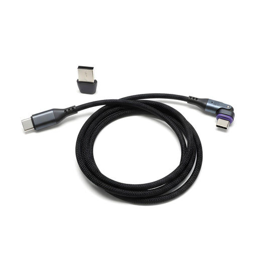 The Arkon Mounts 240W Magnetic USB-C Charging Cable, featuring braided construction and angled connectors, is displayed coiled in a circle with a compact A-to-C USB adapter positioned above it on a white background.