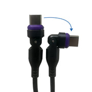 Two black cables with purple rings around their USB-C connectors—one straight, the other at a right angle—are shown, with a blue arrow pointing from the straight to the bent connector to demonstrate adjustable orientation for added convenience. The 240W Magnetic USB-C Charging Cable with A-to-C Adapter from Arkon Mounts supports fast charging and flexible connections to meet your power needs.