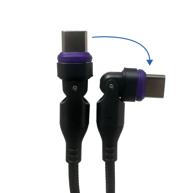 Two black cables with purple rings around their USB-C connectors—one straight, the other at a right angle—are shown, with a blue arrow pointing from the straight to the bent connector to demonstrate adjustable orientation for added convenience. The 240W Magnetic USB-C Charging Cable with A-to-C Adapter from Arkon Mounts supports fast charging and flexible connections to meet your power needs.