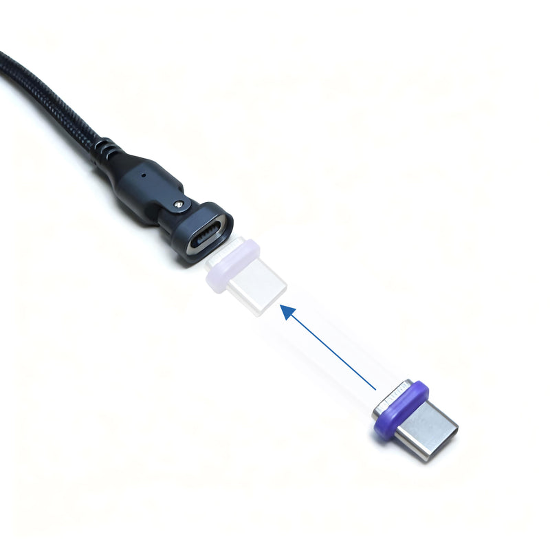 A 240W Magnetic USB-C Charging Cable with A-to-C Adapter by Arkon Mounts and a separate connector, with an arrow showing that the connector should be inserted into the cable.