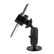 The RoadVise® XL Holder with Circular Drill-Base Mount securely holds your smartphone in landscape mode, features a rotating joint for adjustable positioning, and offers stable desk or wall mounting.