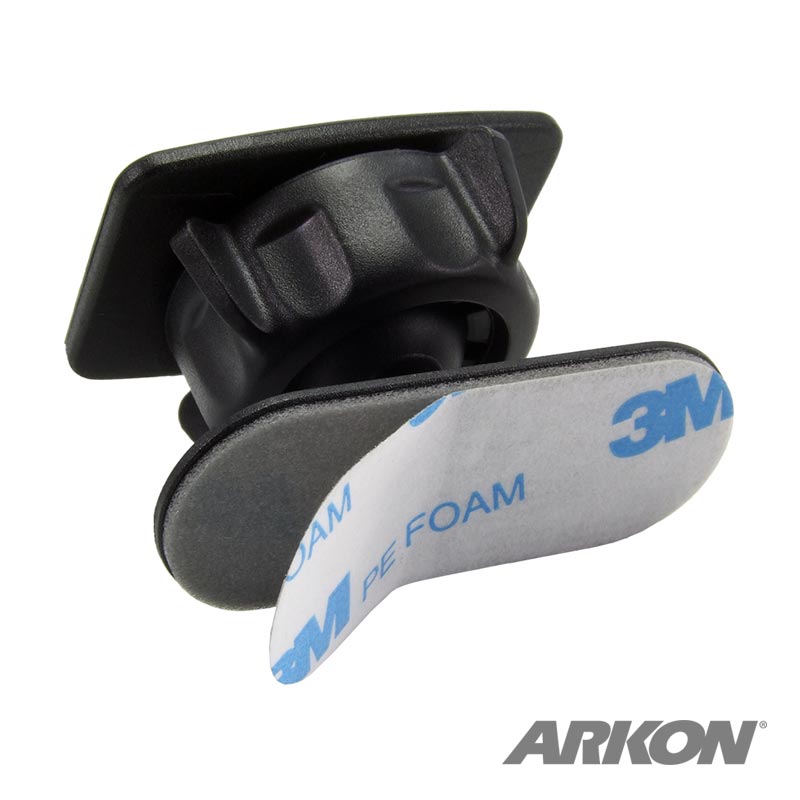 A black Adhesive Car Mounting Pedestal - Dual-T Compatible features a rectangular 3M adhesive pad angled to display the adhesive surface and adjustable knob, with the Arkon logo visible in the bottom right corner.