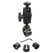 The Aluminum Motorcycle Camera Handlebar Mount with 2.75 Shaft is a black aluminum mount featuring a clamp, screw knob, arm, three circular adapters, and an Allen wrench—perfect for securely attaching cameras to handlebars or poles.