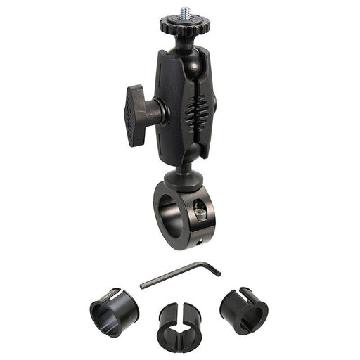 The Aluminum Motorcycle Camera Handlebar Mount with 2.75 Shaft is a black aluminum mount featuring a clamp, screw knob, arm, three circular adapters, and an Allen wrench—perfect for securely attaching cameras to handlebars or poles.