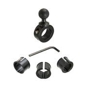 The Aluminum Motorcycle Handlebar Mount - 25mm (1 inch) Compatible is shown in black, featuring a ball head, round knob, three plastic inserts in assorted sizes, and a hex key tool, all displayed on a white background.
