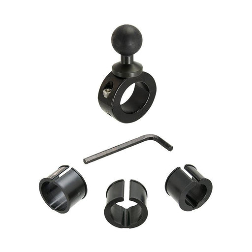 The Aluminum Motorcycle Handlebar Mount - 25mm (1 inch) Compatible is shown in black, featuring a ball head, round knob, three plastic inserts in assorted sizes, and a hex key tool, all displayed on a white background.