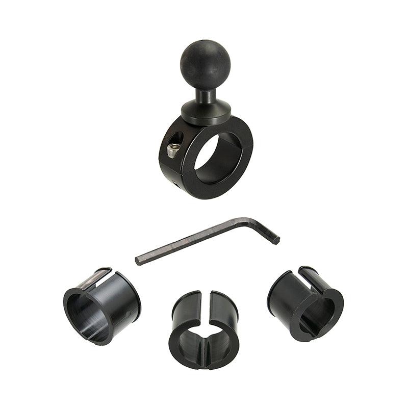 The Aluminum Motorcycle Handlebar Mount - 25mm (1 inch) Compatible, shown in black with a ball head, hex key, and three plastic adapters, is displayed on a white background.