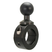 The Aluminum Motorcycle Handlebar Mount - 25mm (1 inch) Compatible is a black aluminum mount with a tightening screw and 25mm ball head, designed for securely attaching accessories or devices to your motorcycle handlebar.
