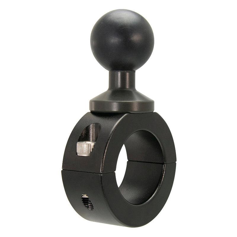 The Aluminum Motorcycle Handlebar Mount - 25mm (1 inch) Compatible is a black aluminum mount with a tightening screw and 25mm ball head, designed for securely attaching accessories or devices to your motorcycle handlebar.