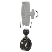 Shown below a faded mounting arm, the Aluminum Motorcycle Handlebar Mount - 25mm (1 inch) Compatible features a black finish; arrows illustrate upward movement of the mount and rotation of the arm.