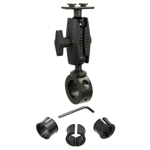 The Aluminum Motorcycle Handlebar Mount with Dual-T Compatible Head features a black adjustable arm, circular clamp, tightening knob, extra clamp adaptors, and includes an Allen wrench—ideal for handlebars. Displayed on a white background.