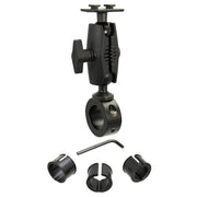 An Aluminum Motorcycle Handlebar Mount with a dual-T compatible head, adjustable clamp, insert sleeves, and Allen wrench—ideal as a universal smartphone holder—shown on a white background.